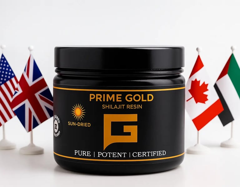 a jar of prime gold shilajit with flags