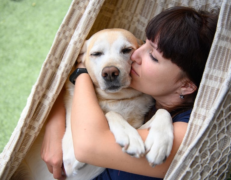 a woman is kissing a dog in a hammock