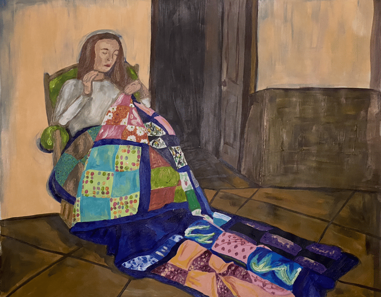 painting of woman making a quilt