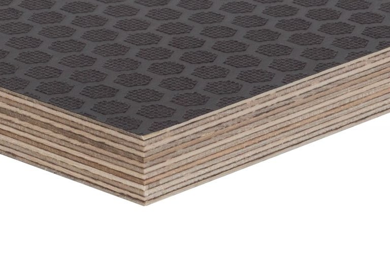 Non-slip birch plywood sheet with a black hexagonal pattern surface for industrial flooring.