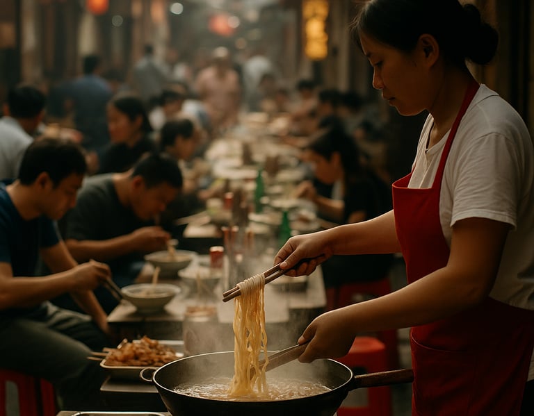 AI-generated illustration of a vibrant Chinese street food market, symbolizing cross-cultural culina