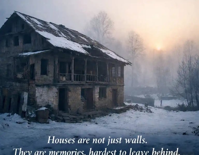 “कश्मीर में बर्फीली सुबह का एक खाली पारंपरिक घर — विस्थापन और स्मृति का प्रतीक”