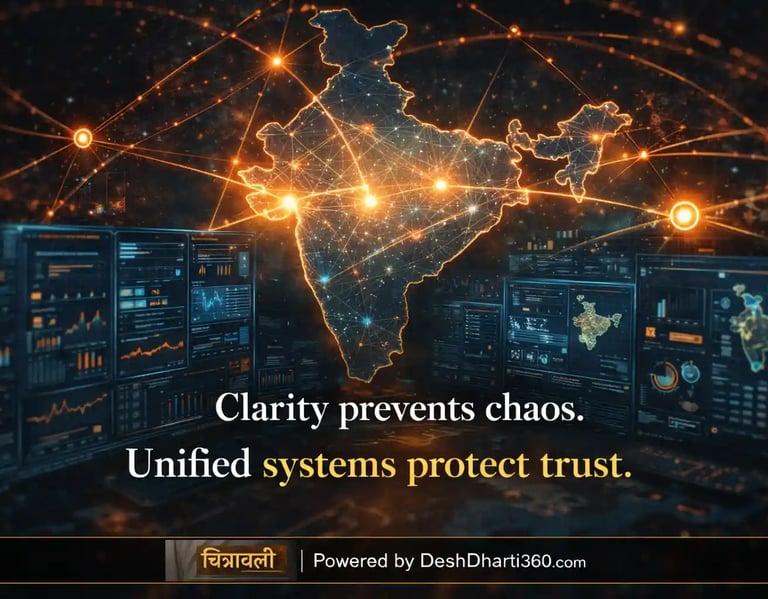 Digital emergency control dashboard over India map representing unified national communication system.