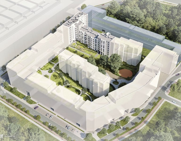 Aerial 3D rendering of a modern residential apartment complex with a green courtyard and city landscaping.