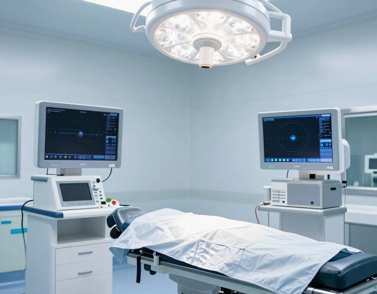 Crisp clinical wide shot of a modern sterile operating theater with advanced diagnostic screens, cool blue and sterile white studio light, high-tech medical minimalism, 50mm