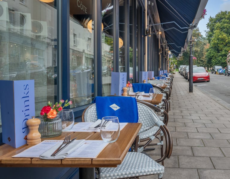 a restaurant with a table and chairs outside
