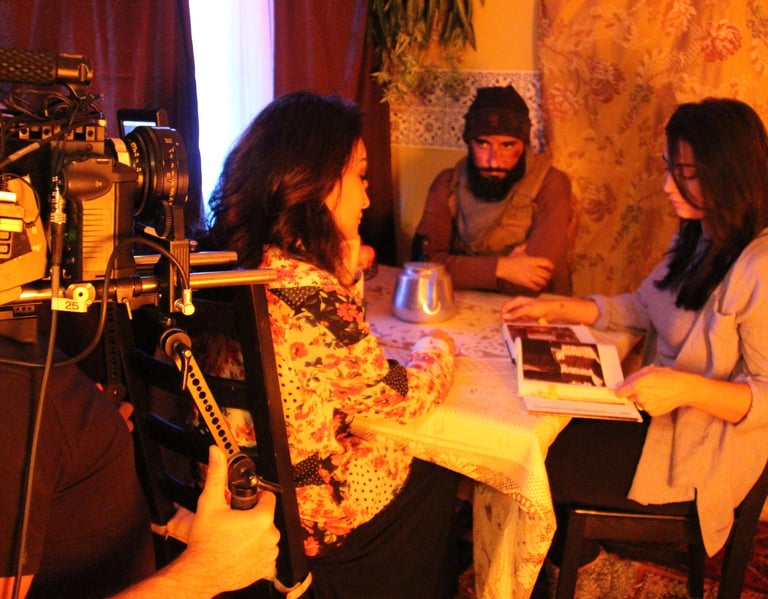 Actors Shayan Bayat Mitra Lohrasb and Priya Kooner filming a scene in Roads of Ithriyah