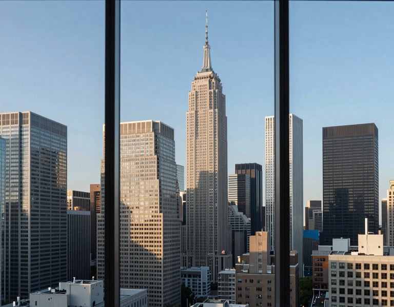 A wide-angle professional photograph of a sophisticated financial district skyline in North America, seen through a clean glass window of a modern office, incorporating dark blue and off-white blue tones.