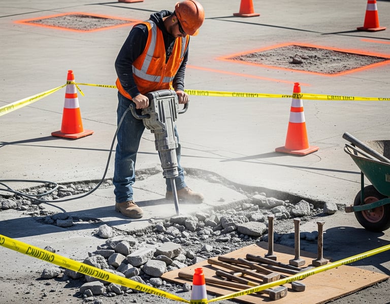 a man in a safety vest is using a jack hammer to make a hole in the concrete