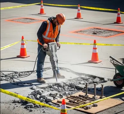 a man in a safety vest is using a jack hammer to make a hole in the concrete