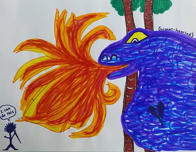 Child's drawing of a blue broken-hearted dragon breathing fire at a brave stick figure knight.