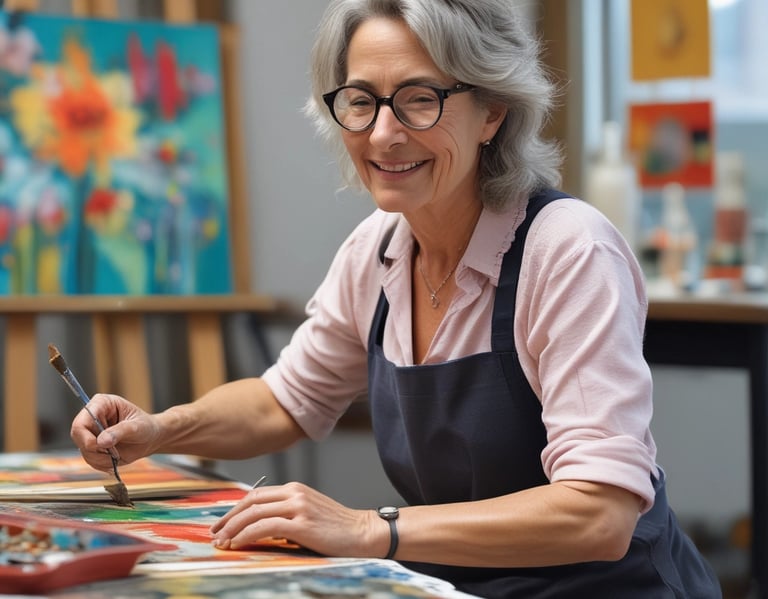 A joyful older woman playing a guitar outdoors surrounded by nature.