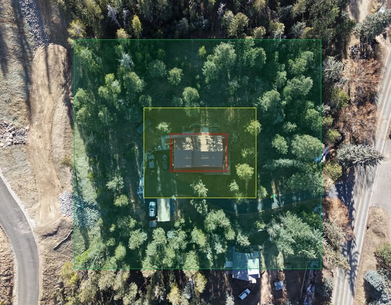Drone image of a property in Evergreen, Colorado with ignition zones