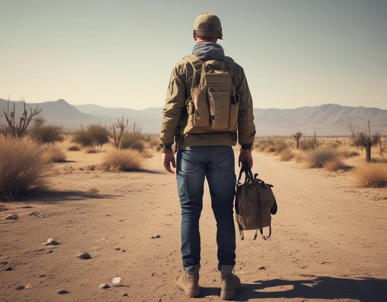 a man in a hat and jacket walking in the desert