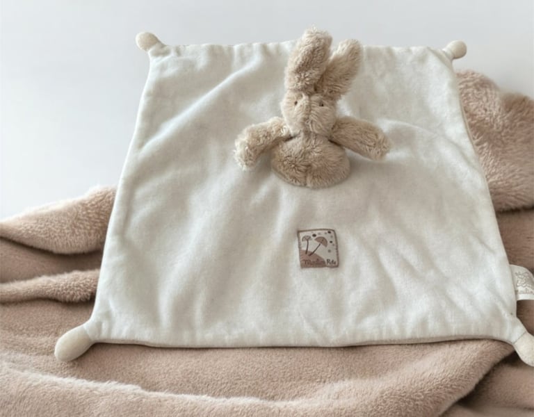 a stuffed animal is laying on a blanket