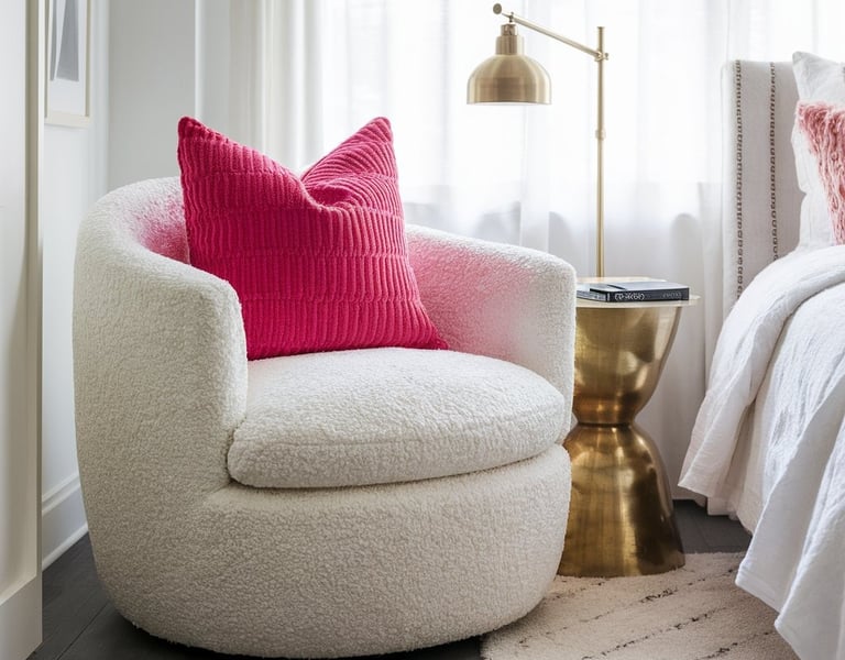 a chair with a pink pillow and a pink pillow