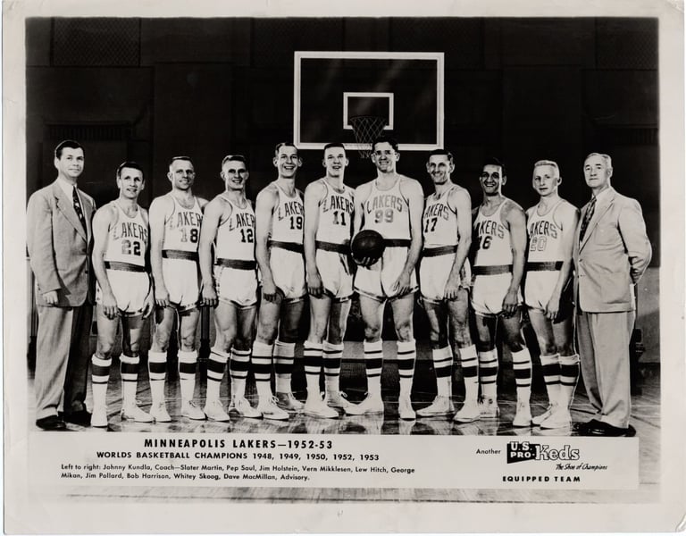 1950s 8x10 Photograph of the Minneapolis Lakers Basketball Team George Mikan Jim Pollard Bob Davies