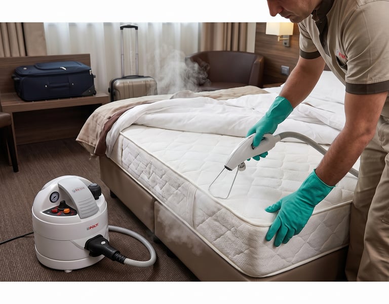 A professional using a portable steam cleaner to sanitize a hotel mattress for bed bug removal and deep cleaning.