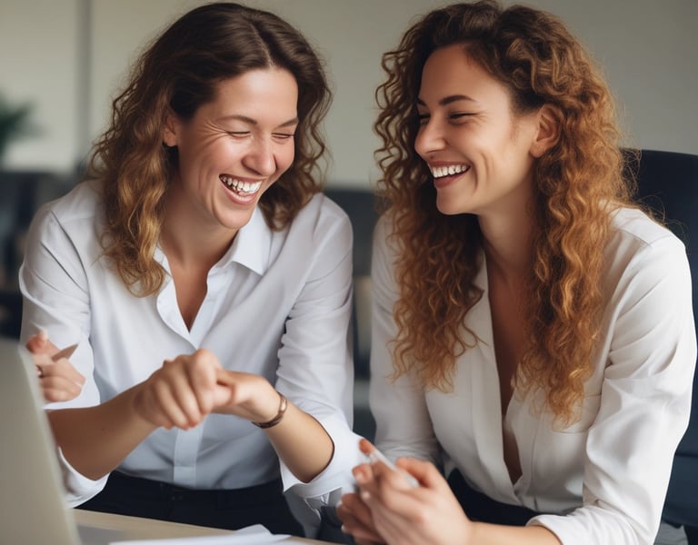 Two smiling businesswomen collaborating on a laptop in a modern office setting.