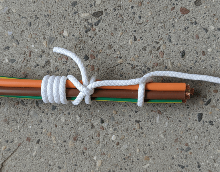 Schwäbisch Hitch and Half Hitch finish for pulling high voltage electrical wires.