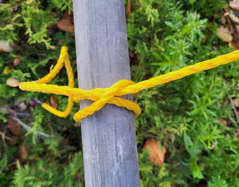 Clove hitch around a pipe with yellow 3/8" poly-line rope.