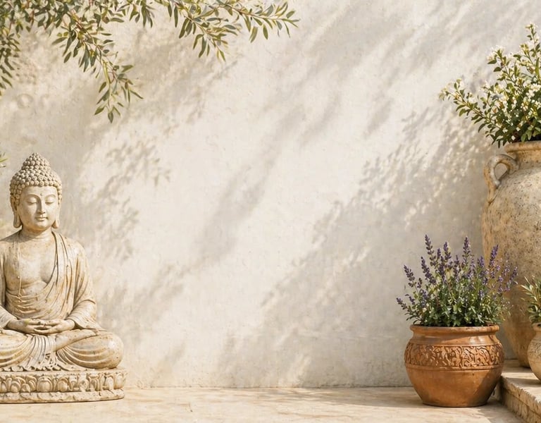 Zen garden decor featuring a stone Buddha statue and potted plants against a sunny wall.
