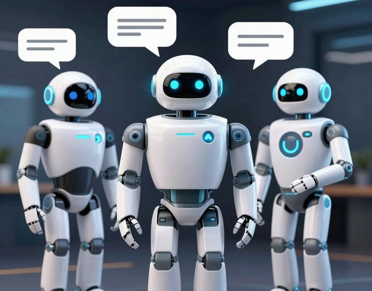 A sleek futuristic digital interface showing AI chatbot interactions in a corporate setting.