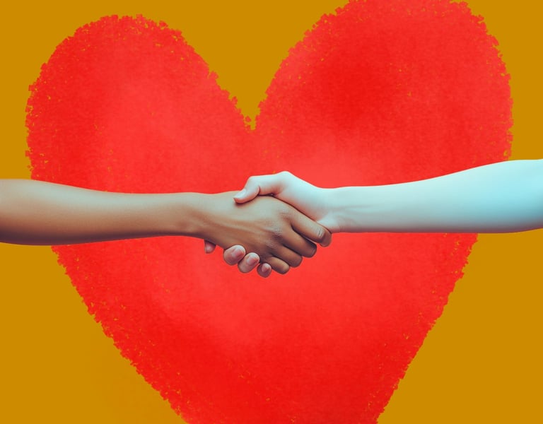 Romance novel cover for Hearts Unveiled by D Lovell featuring a handshake over a large red heart.