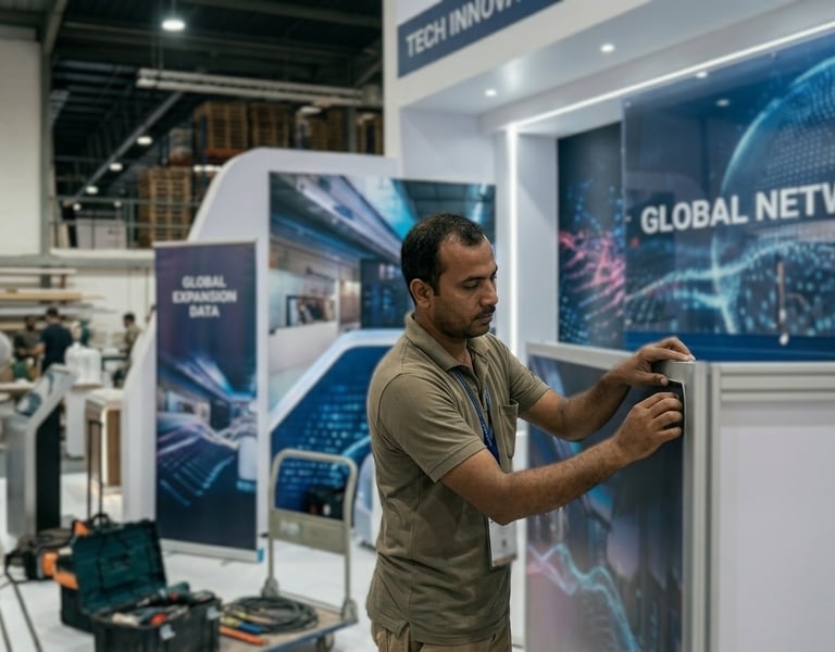 Professional technician setting up a global network technology exhibition booth in a large warehouse.