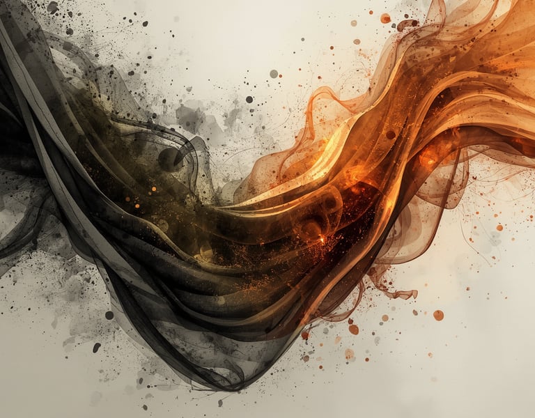Abstract watercolor art featuring flowing swirls of black and orange smoke with paint splatters.