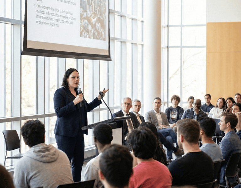 A professional woman presenting global urban development trends to an audience at a seminar.