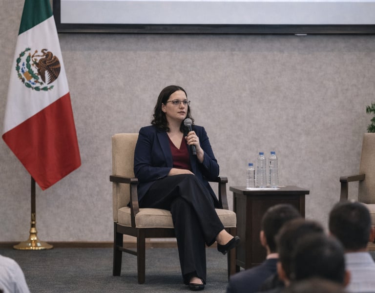 A female speaker discusses investment and business growth at a seminar in Mexico.