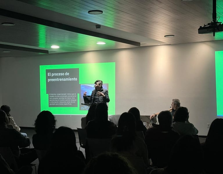 Speaker presenting an AI pre-training process seminar to an audience in a modern conference room.