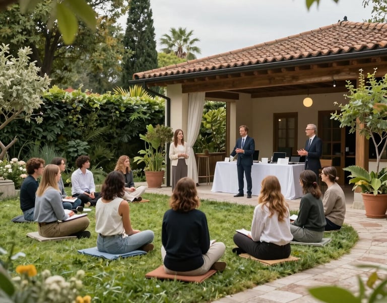A peaceful outdoor garden area set up for retreats and group activities.