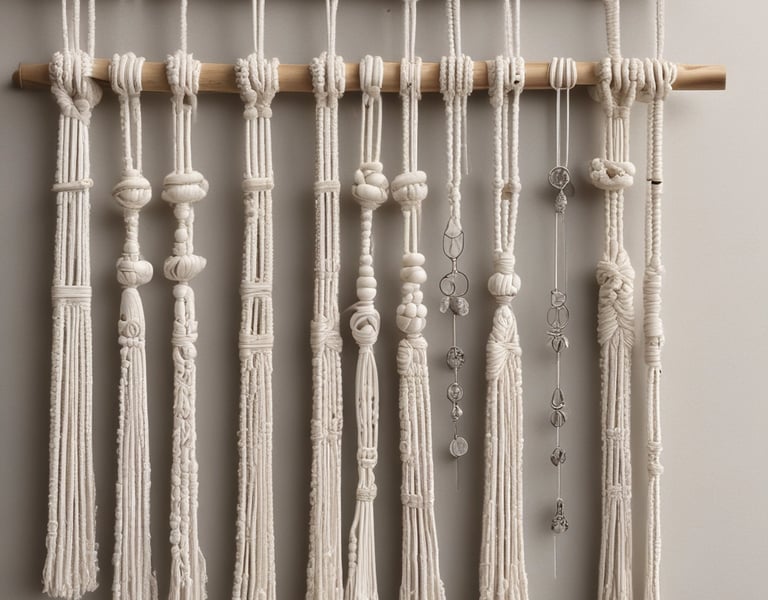 Tapiz de macramé estilo boho hecho a mano con borlas de cordón de algodón blanco en varillas.