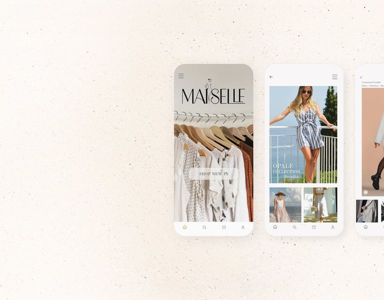 Mobile-first app UI for Maiselle, designed for seamless shoppingand luxury fashion by UrBrand Studio