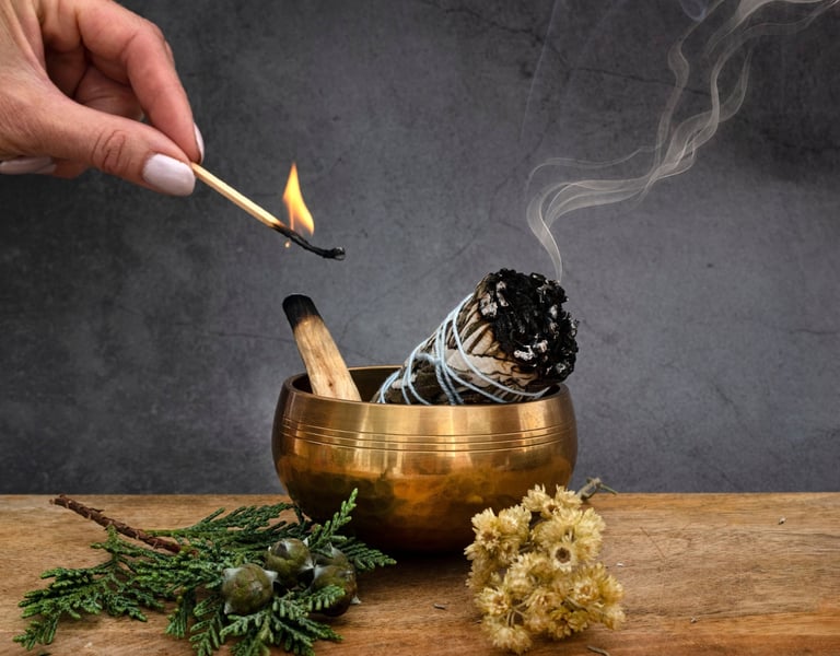 remote spiritual cleansing ritual with sage smoke, candlelight and protective energy work performed