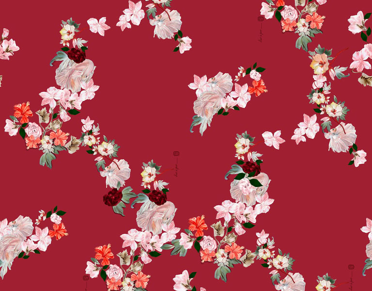 Estampa floral oriental com peixes, flores e folhas, desenvolvida com exclusividade e pintada a mão