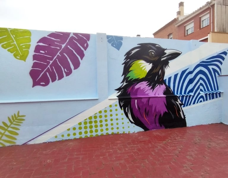 mural escuela pájaros abstracto colores