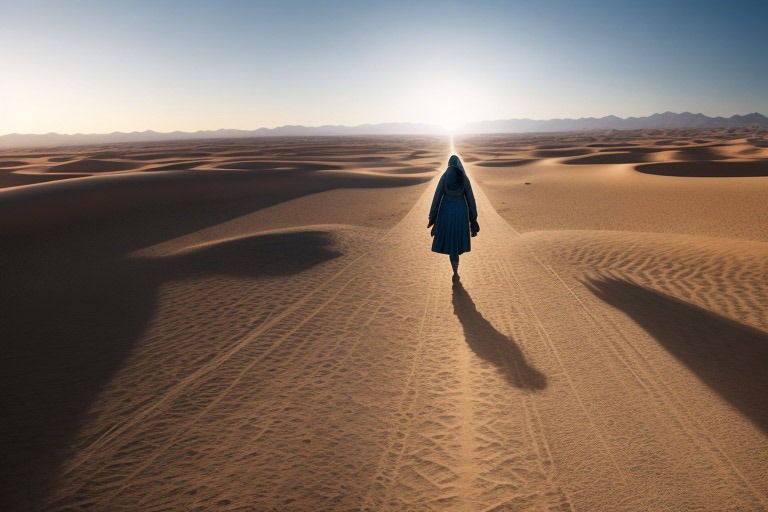 figura camina en el desierto guiada por la luz