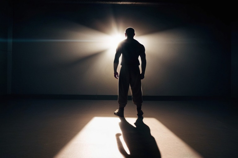 guerrero en pie de espaldas a contraluz