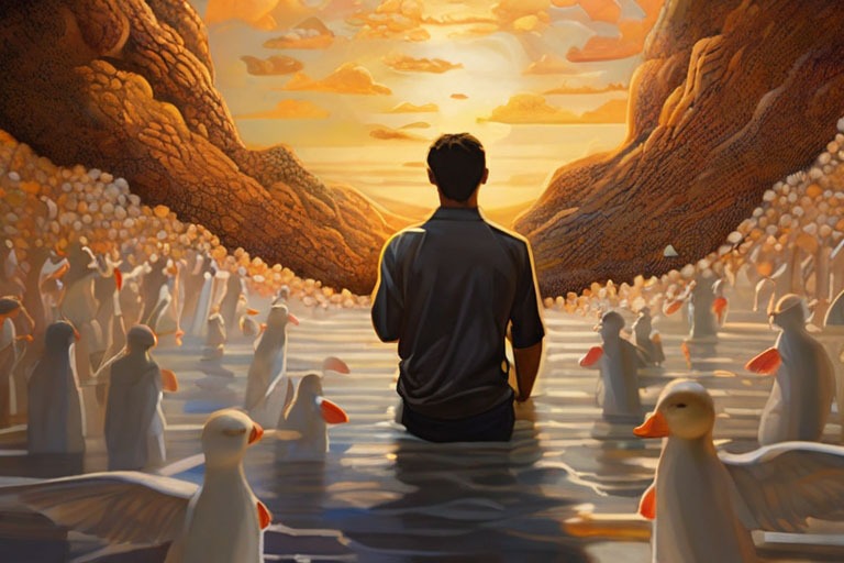 hombre entre patos camina hacia la luz
