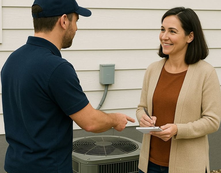 Walking a homeowner through some basic maintenance tips on an AC unit. 