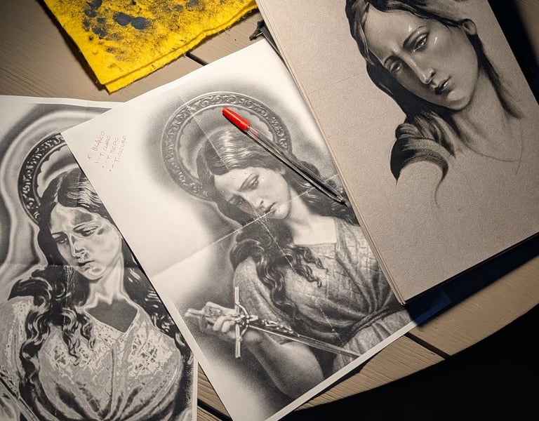 Proceso de diseño a mano para tatuaje personalizado en negro, con bocetos y referencias de elperrolatinta en Ribadesella