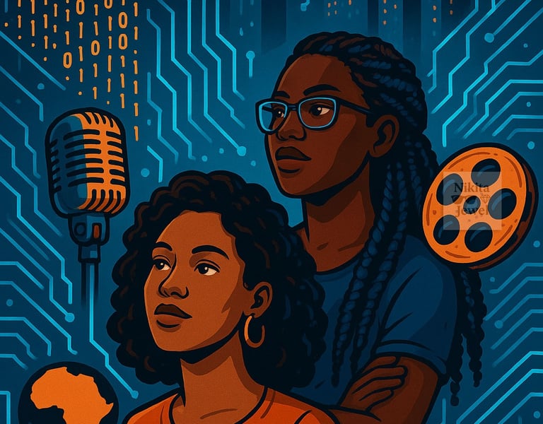 Digital illustration of two Black women creators with a microphone, film reel, and circuit background.
