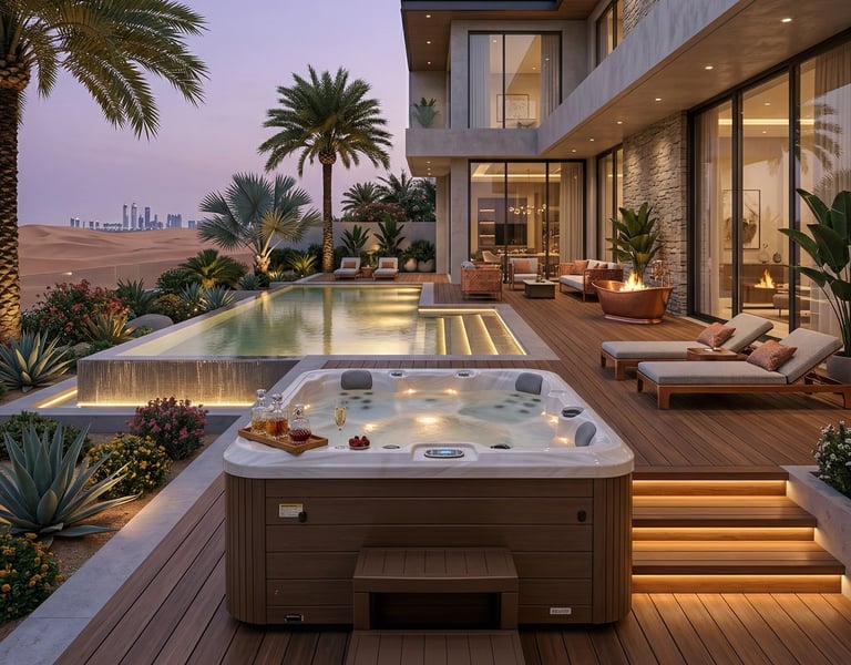 Luxury outdoor hot tub on a modern wood deck overlooking a swimming pool and desert skyline at dusk.