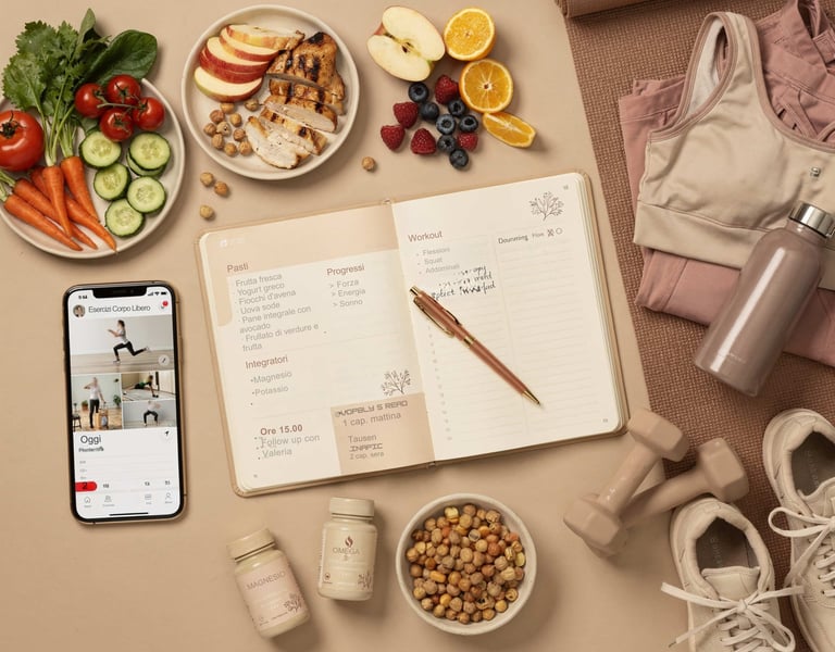Flat lay con taccuino e smartphone su un tavolo