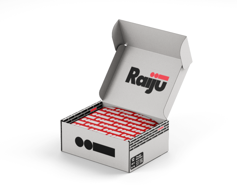 Open Raiju shoe box in white with poppy red tissue