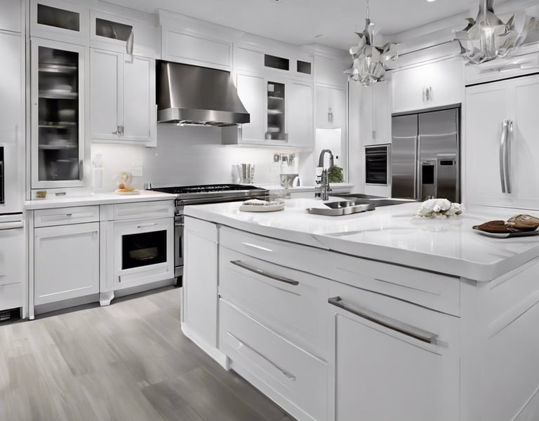 Newly renovated open-concept white kitchen in Toronto with modern lighting, white cabinets, and marble-style countertops.
