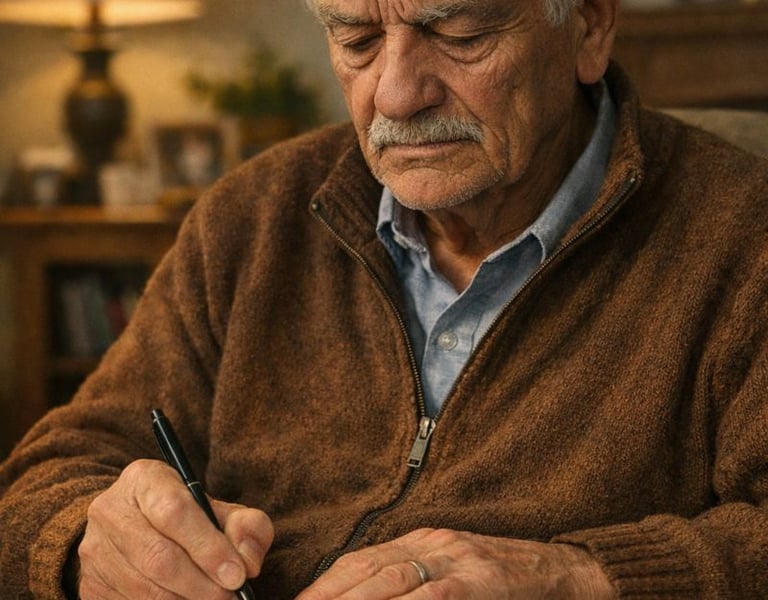 a man sitting on a couch with a pen and a pen